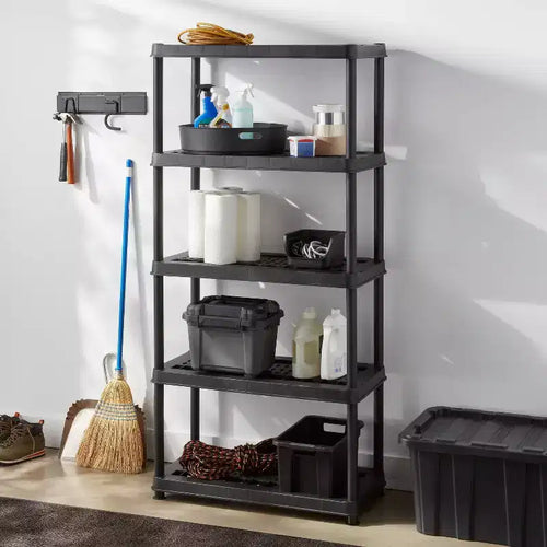 Scaffale in plastica a 5 ripiani, nero ™: Scaffalatura multiuso, 5 ripiani aperti, capacità 150 lb, altezza 73,5"