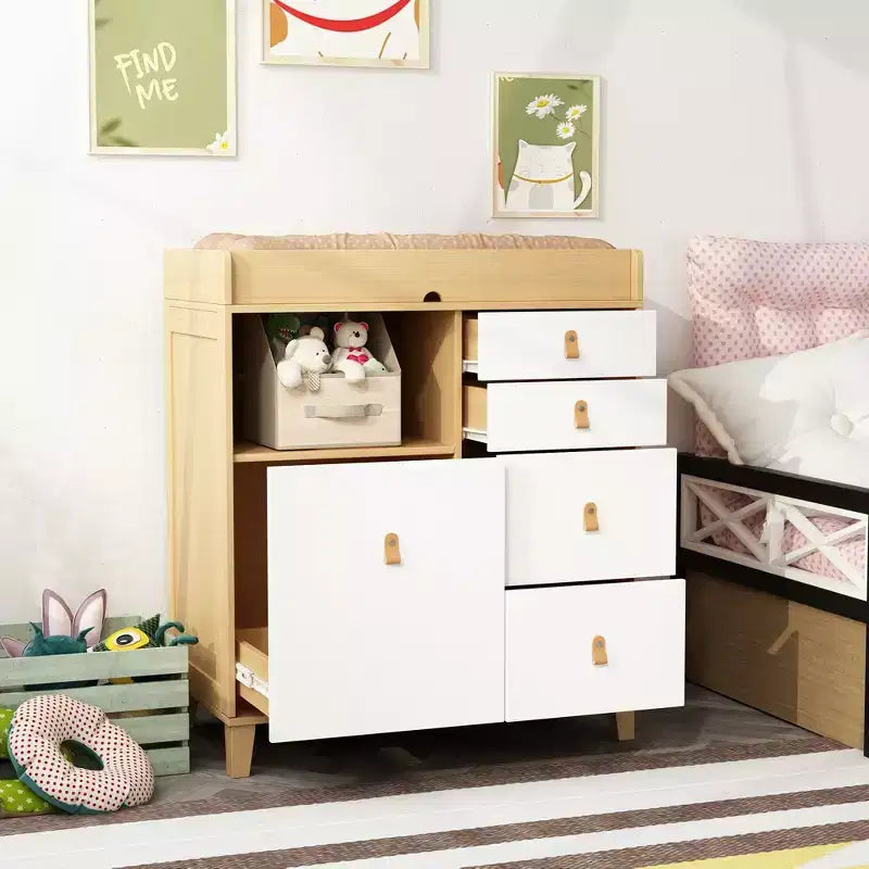 Fasciatoio con Mobile Contenitore, Maniglie in Pelle, Ampio Piano di Lavoro, Quattro Cassetti, Ampio Spazio di Archiviazione, Pratico e Sicuro