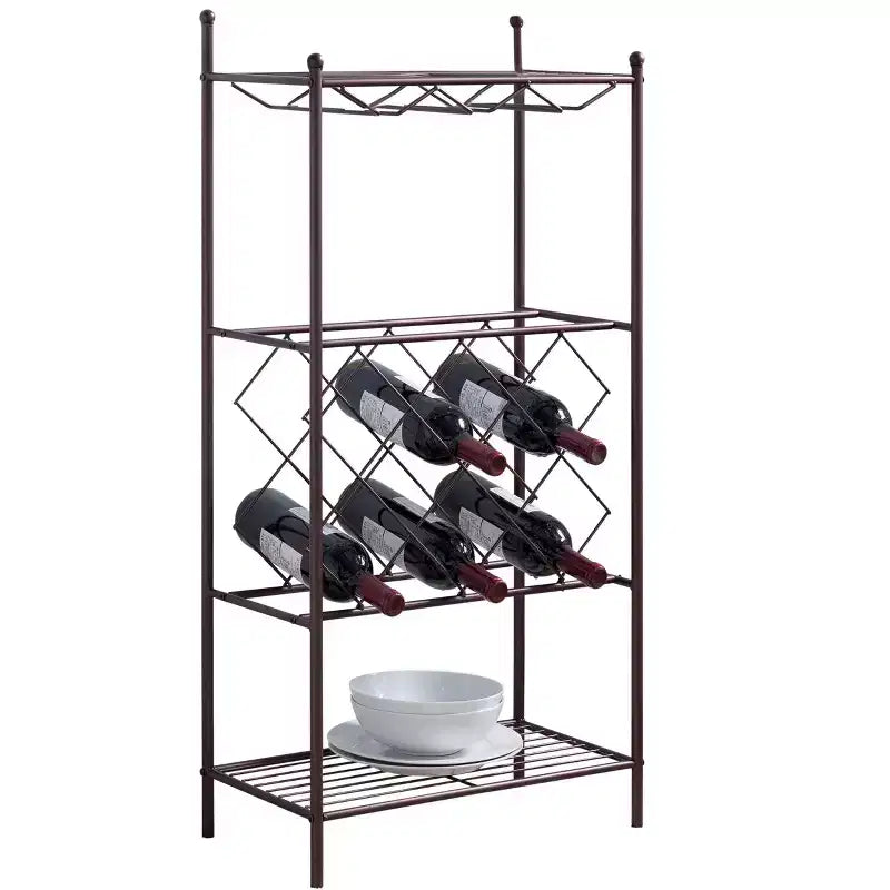 Mobile Scaffale da Terra Portabottiglie da Vino in Metallo, Vetrinetta Portabottiglie di Liquori con Porta Bicchieri e Ripiani per Conservazione Bronzo