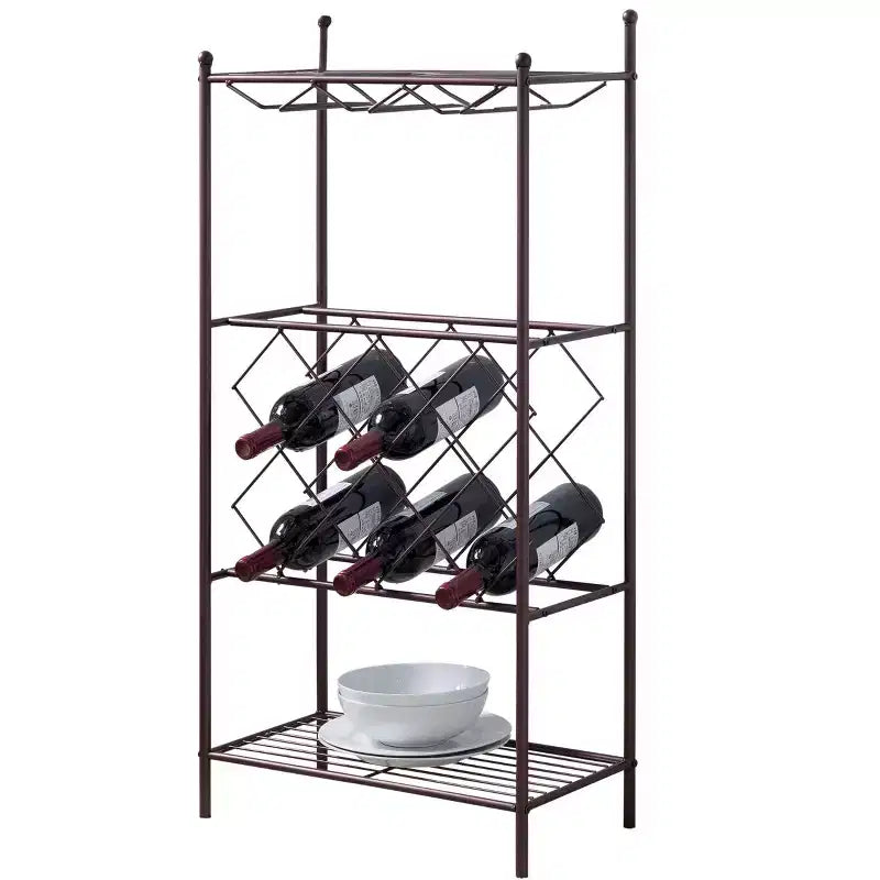 Mobile Scaffale da Terra Portabottiglie da Vino in Metallo, Vetrinetta Portabottiglie di Liquori con Porta Bicchieri e Ripiani per Conservazione Bronzo