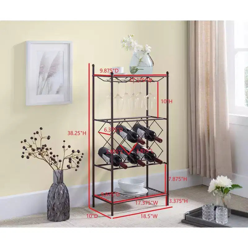 Mobile Scaffale da Terra Portabottiglie da Vino in Metallo, Vetrinetta Portabottiglie di Liquori con Porta Bicchieri e Ripiani per Conservazione Bronzo
