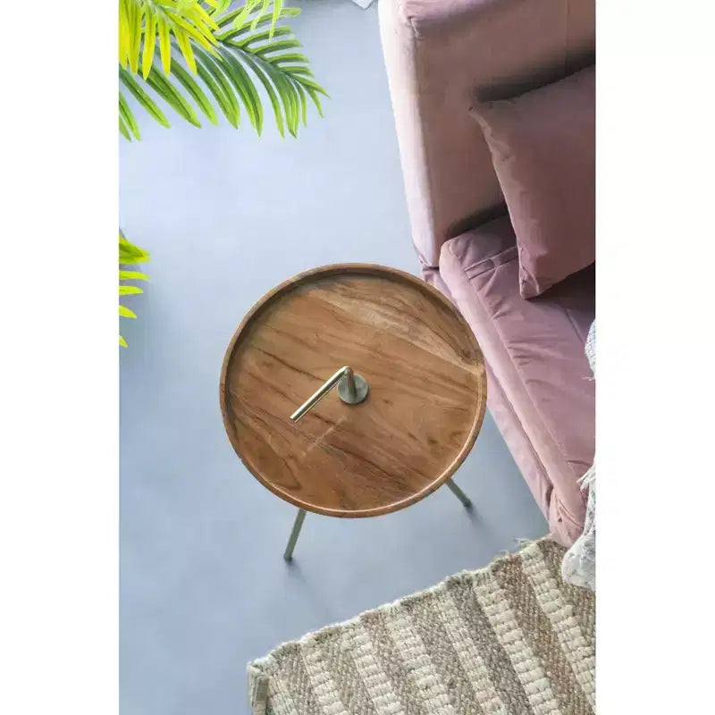 Tavolino laterale in legno di acacia con gambe a treppiede in acciaio marrone oro 16x23,5