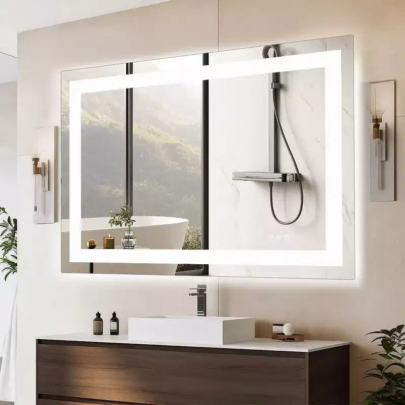 Specchio da Bagno Moderno in Vetro Anti-Appannamento con Doppia Fonte di Luce e Tre Modalità Dimmerabili, Specchio da Parete per il Bagno