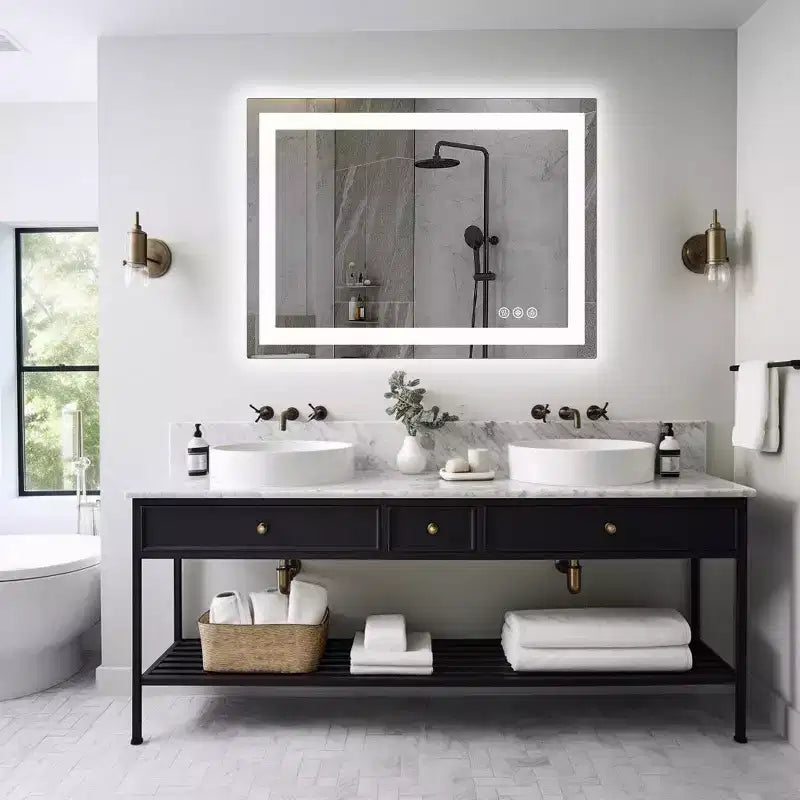 Specchio da Bagno Moderno in Vetro Anti-Appannamento con Doppia Fonte di Luce e Tre Modalità Dimmerabili, Specchio da Parete per il Bagno