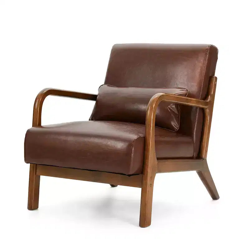 Poltrona d'Appoggio Mid-Century Moderna in Similpelle con Braccioli, Struttura in Legno di Gomma Noce, Bassa, Rivestimento in PU