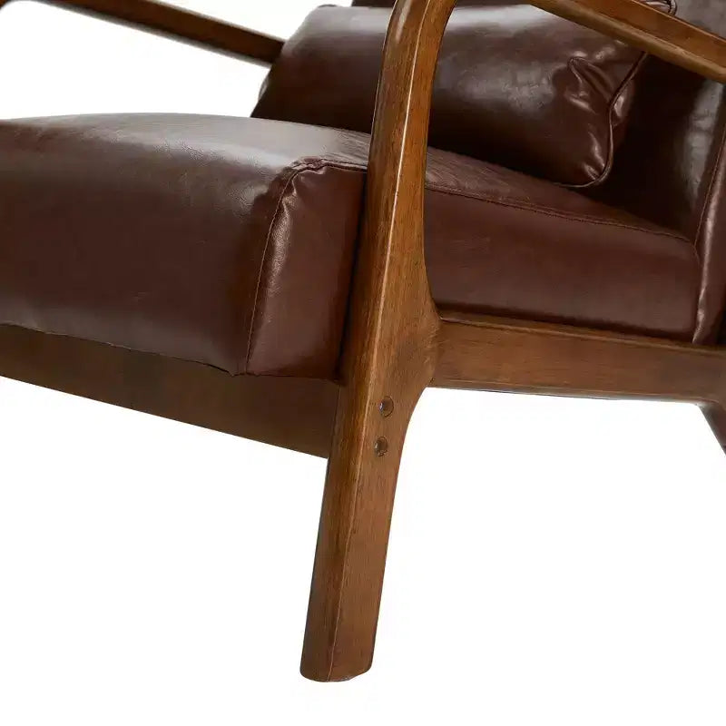 Poltrona d'Appoggio Mid-Century Moderna in Similpelle con Braccioli, Struttura in Legno di Gomma Noce, Bassa, Rivestimento in PU