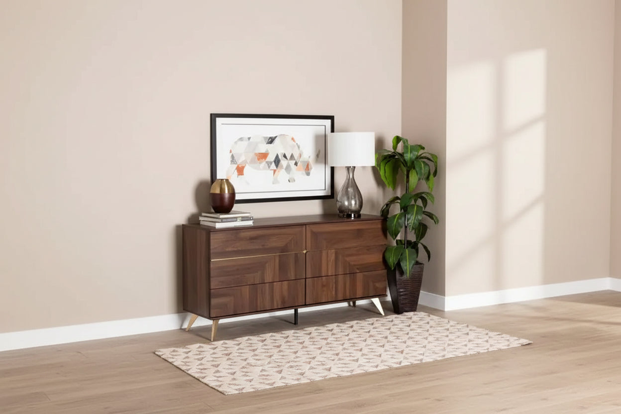 Baxton Studio Graceland Wood 6 Drawer Dresser Walnut Brown/Gold: Mid-Century Storage, Angled Legs
