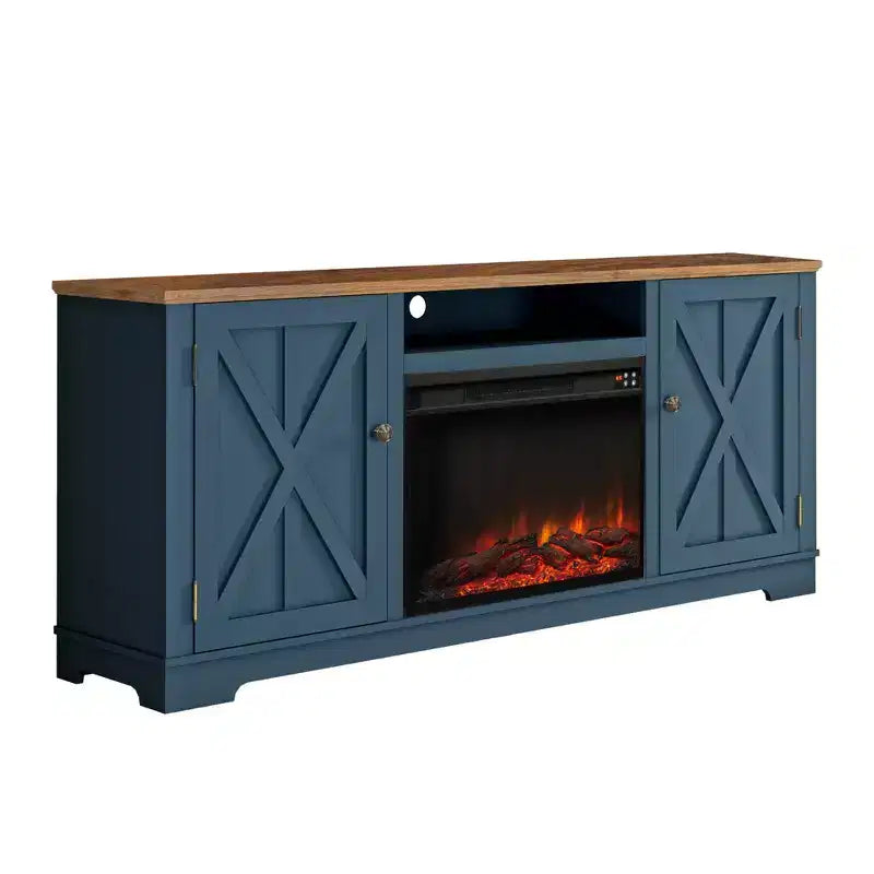 Mobile TV da 70" in stile rustico per TV fino a 75" con caminetto elettrico, centro di intrattenimento blu navy, console multimediale