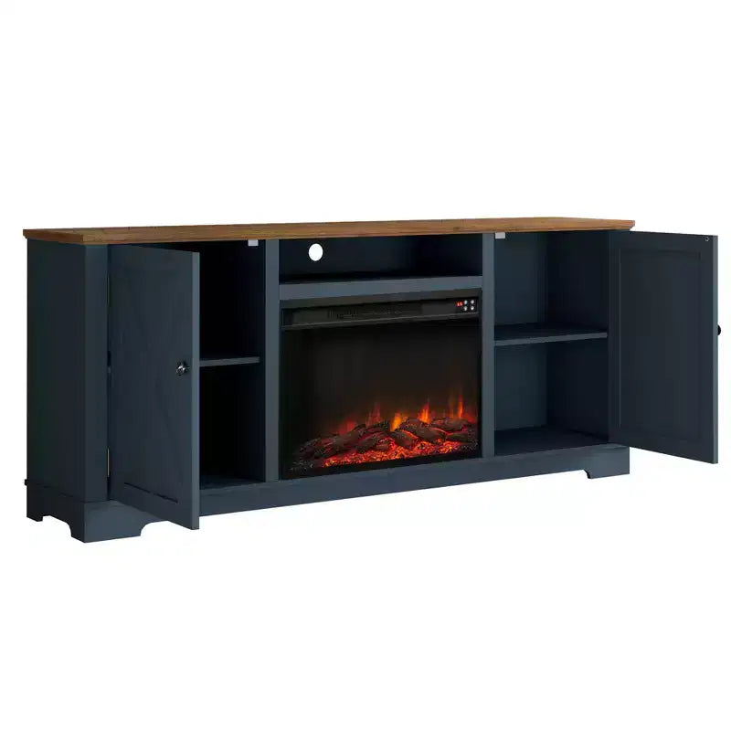 Mobile TV da 70" in stile rustico per TV fino a 75" con caminetto elettrico, centro di intrattenimento blu navy, console multimediale