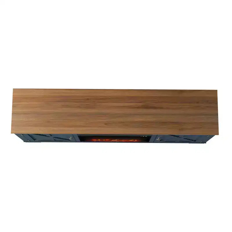 Mobile TV da 70" in stile rustico per TV fino a 75" con caminetto elettrico, centro di intrattenimento blu navy, console multimediale