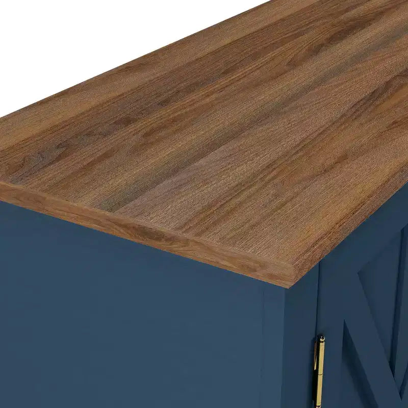 Mobile TV da 70" in stile rustico per TV fino a 75" con caminetto elettrico, centro di intrattenimento blu navy, console multimediale