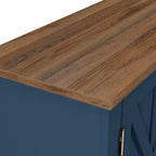 Mobile TV da 70" in stile rustico per TV fino a 75" con caminetto elettrico, centro di intrattenimento blu navy, console multimediale
