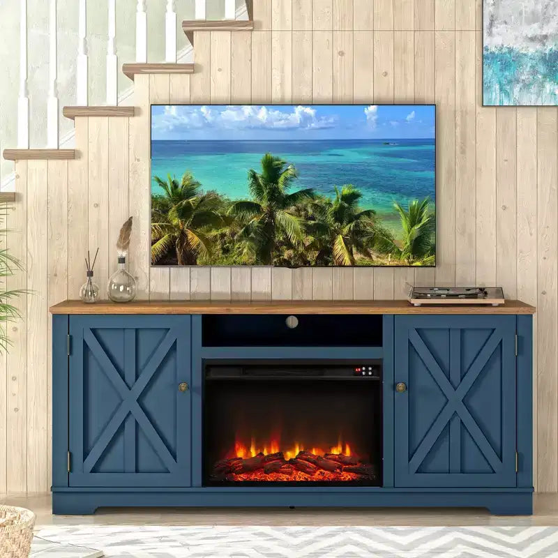 Mobile TV da 70" in stile rustico per TV fino a 75" con caminetto elettrico, centro di intrattenimento blu navy, console multimediale
