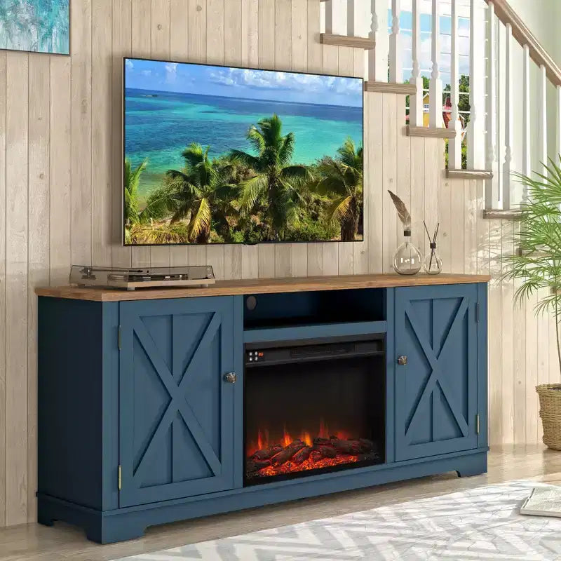 Mobile TV da 70" in stile rustico per TV fino a 75" con caminetto elettrico, centro di intrattenimento blu navy, console multimediale
