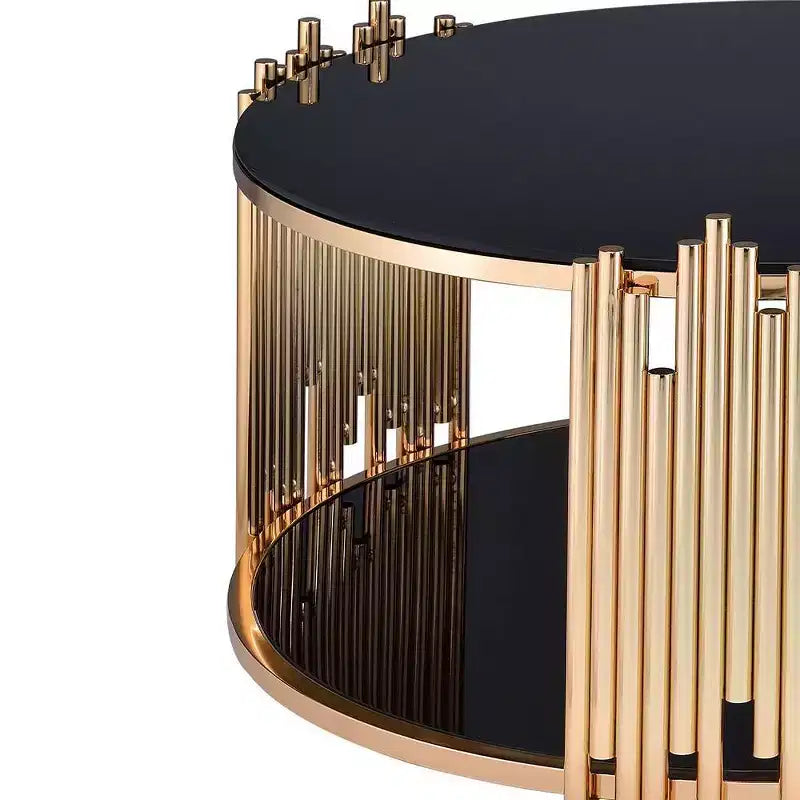 Tavolino Tanquin da 37" con piano in vetro nero e base rotonda dorata, vetro temperato, ripiano aperto