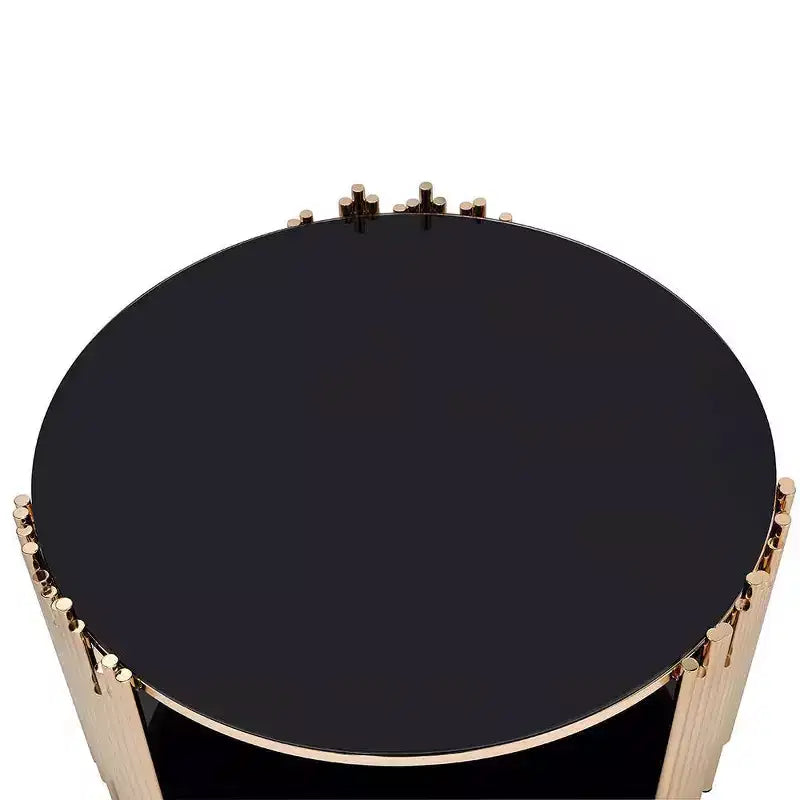 Tavolino Tanquin da 37" con piano in vetro nero e base rotonda dorata, vetro temperato, ripiano aperto