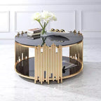 Tavolino Tanquin da 37" con piano in vetro nero e base rotonda dorata, vetro temperato, ripiano aperto