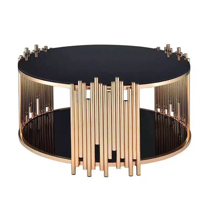 Tavolino Tanquin da 37" con piano in vetro nero e base rotonda dorata, vetro temperato, ripiano aperto