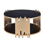 Tavolino Tanquin da 37" con piano in vetro nero e base rotonda dorata, vetro temperato, ripiano aperto