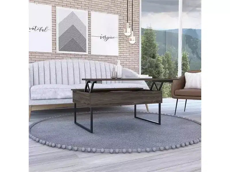 Tavolino da caffè Bari con piano sollevabile, noce scuro, vano portaoggetti nascosto, design moderno