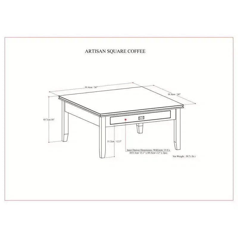Stratford Square Tavolino da caffè Marrone Russet Composito di legno Transizionale, Cassetti portaoggetti, 36" Quadrato