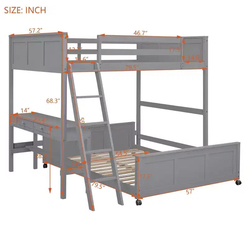 Letto a Castello in Legno Completo su Completo/Singolo su Completo con Scrivania e Scala