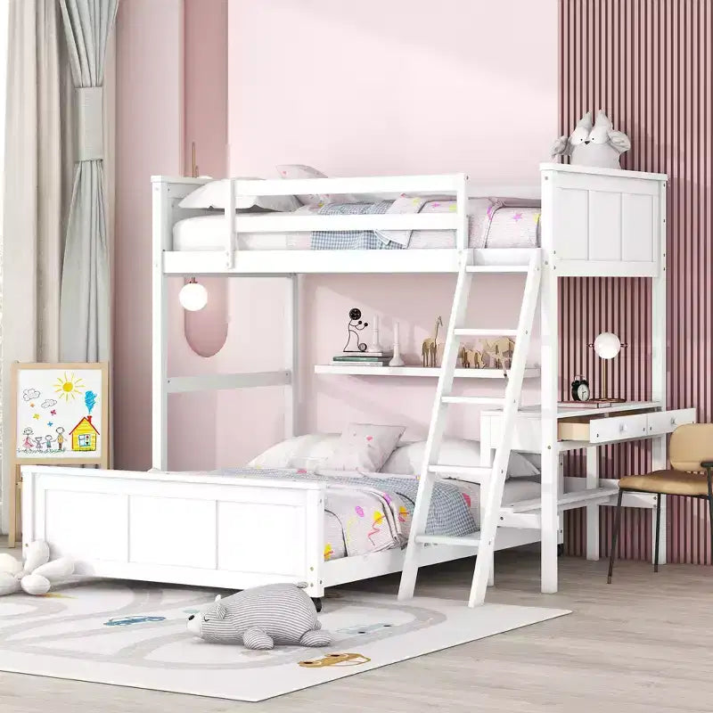 Letto a Castello in Legno Completo su Completo/Singolo su Completo con Scrivania e Scala