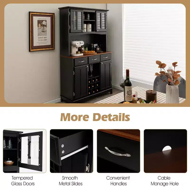 And Hutch Mobile da Cucina/Dispensa con Portabottiglie e Cassetti Nero